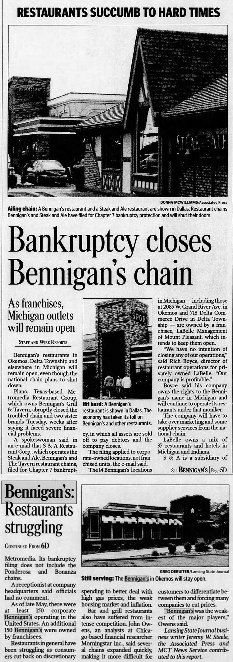 Bennigans - Jul 30 2008 Article On Bankruptcy (newer photo)